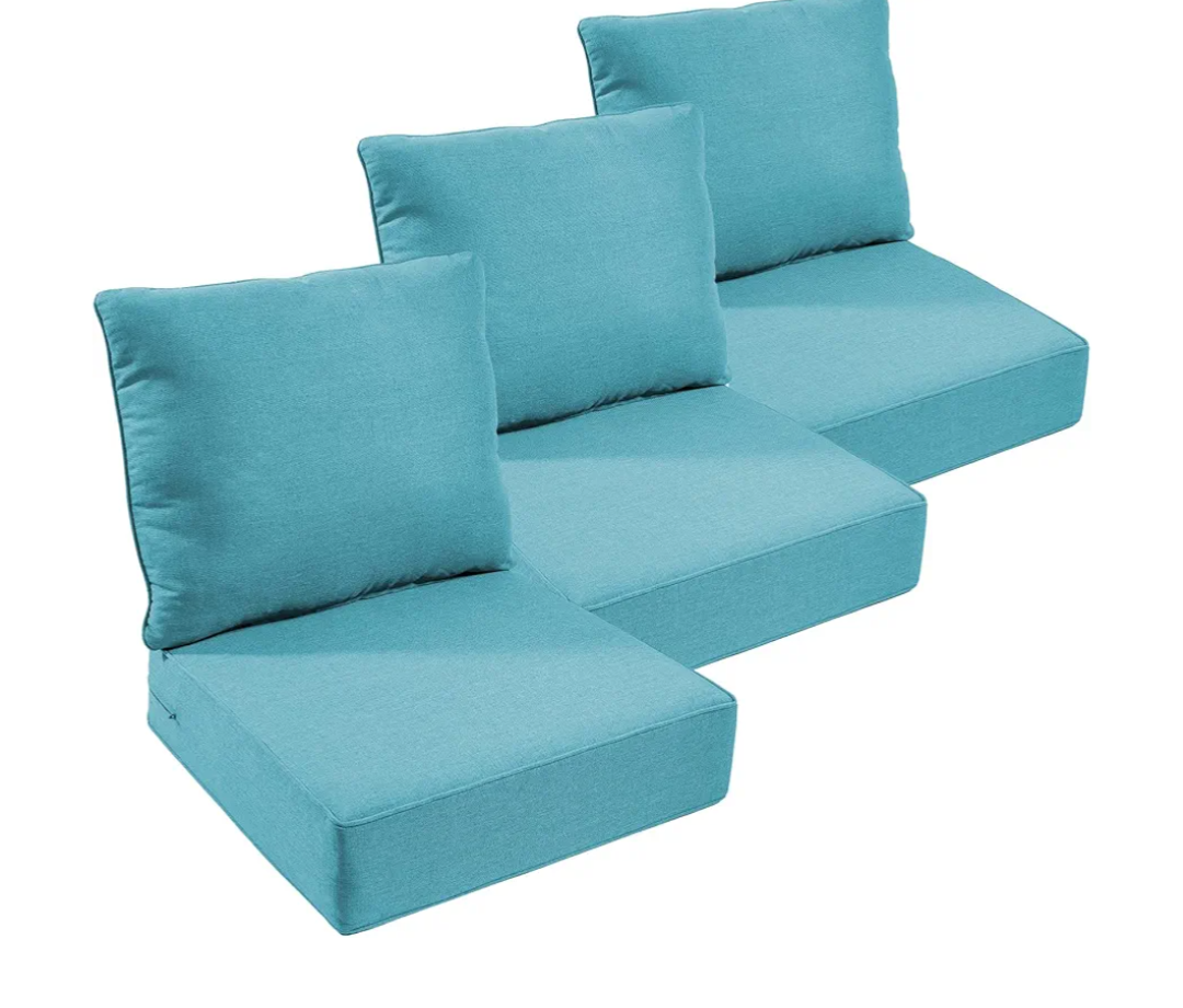 Outdoor Chair Cushions Set of 3, Waterproof 24x24 Patio Chair Cushion, 6" Thickened Seat Cushion for Outdoor Furniture, Couch Cushion Replacement, Include 3 Back & 3 Seat Cushions, Thick/CyanBlue