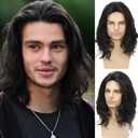 Mens Black Curly Wig Shoulder Length Curly Male Wig Layered Fluffy Durable Breathable for Costume Party Daily Use
