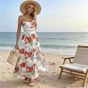 Women's Floral Sleeveless Split Thigh Ruffle Hem Summer Cami Maxi Dress Casual Boho Long Dress Red M