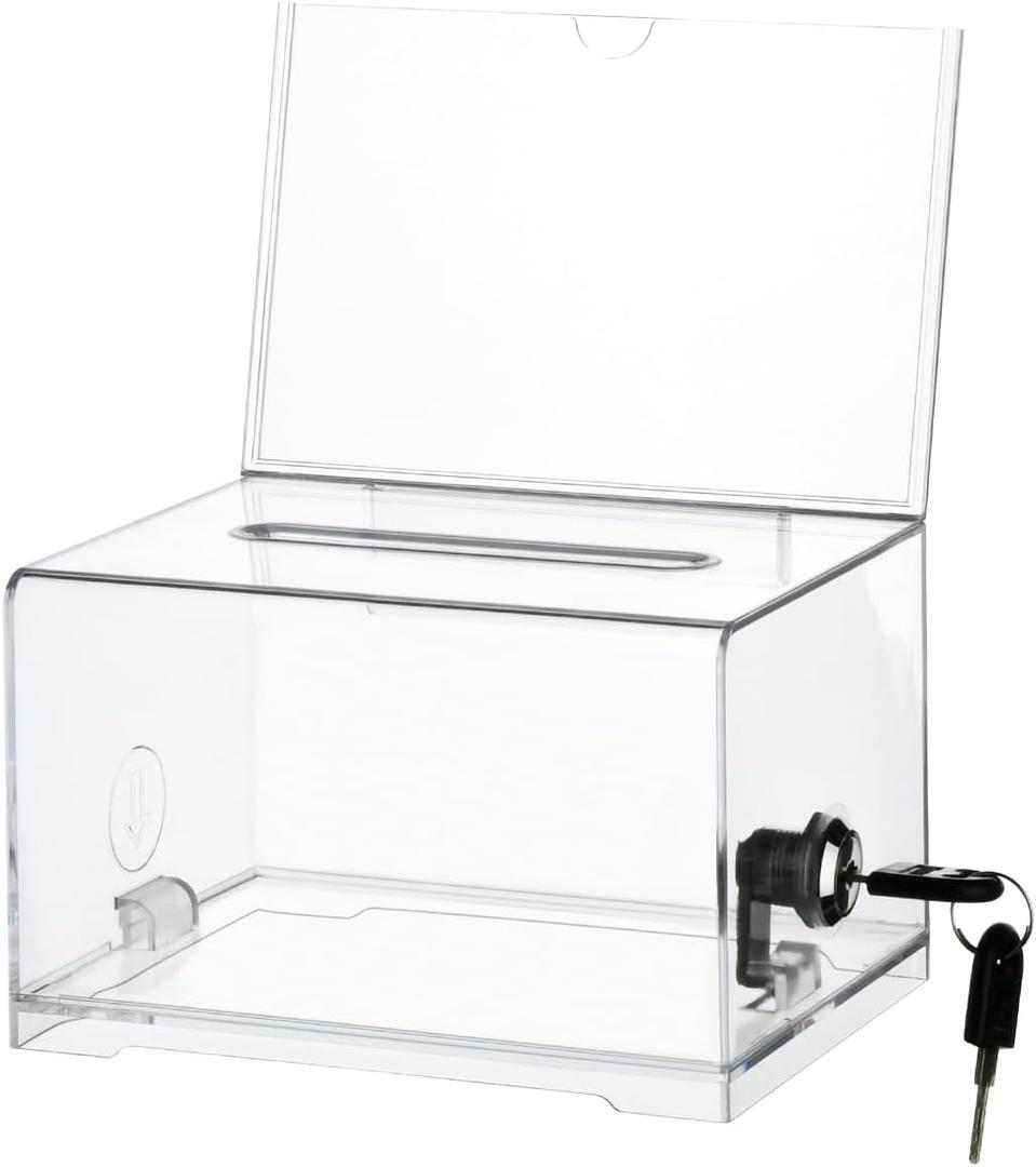 Clear Acrylic Donation Box with Lock, Ballot Box Suggestion Boxes With Sign Holder, Raffle Boxes With Slot for Voting Donation Ticket Comment Tips(6.2" x 4.5" x 4")
