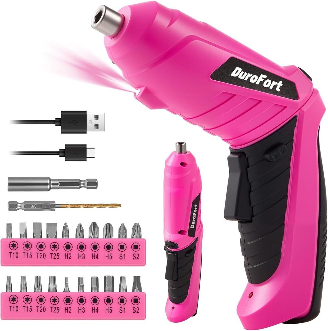 Durofort Pink Cordless Electric Screwdriver Set, 3.7V Rechargeable Small Electric Drill with 25pcs Driver Bit Set, Power 3Nm Screw with 2 Position Handle, Flexible Shaft LED Light for Women