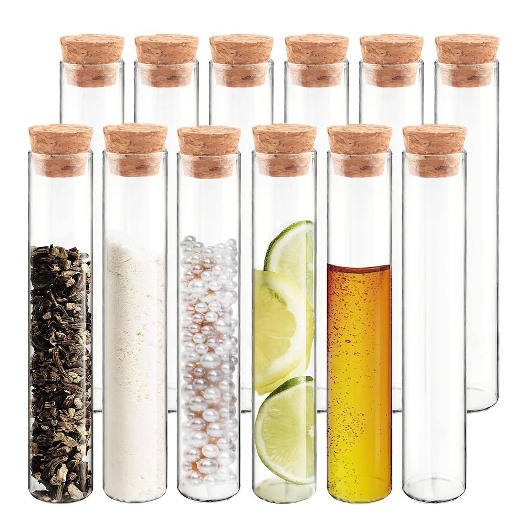 12pcs 10ml/0.34oz Mini Glass Test Tube, 15x100mm Small Candy Storage Tube with Cap, Tiny Flat Bottom Tube with Cork Stopper, Slender Vial Set for Scientific Experiments Lab Liquid Party Decor