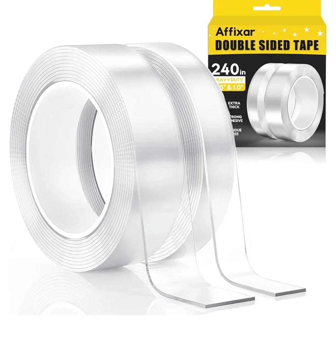 Extra Strong Double Sided Tape Heavy Duty (2 Rolls, Total 20 FT), Clear Removable Two Sided Nano Tape Adhesive, Double Stick Mounting Tape for Poster, Rug, Picture Hanging Strips, Office & Outdoor