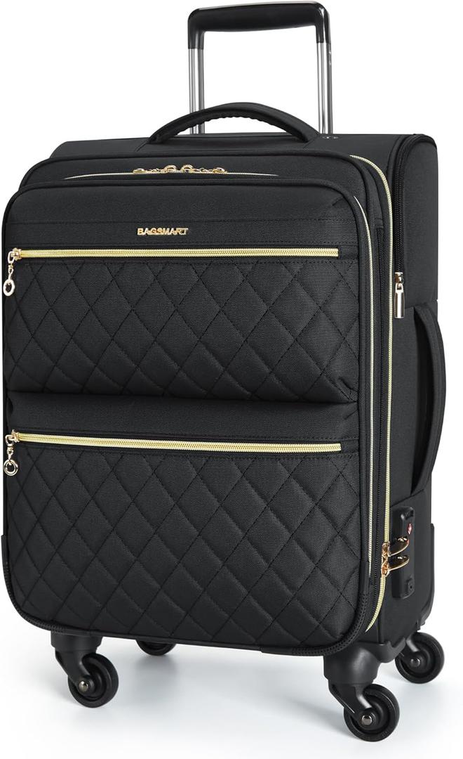BAGSMART Softside Expandable Luggage Airline Approved with Spinner Wheels, 20 Inch Carry On Luggage 22x14x9 with TSA Lock, Quilted Rolling Suitcases for Women, Black