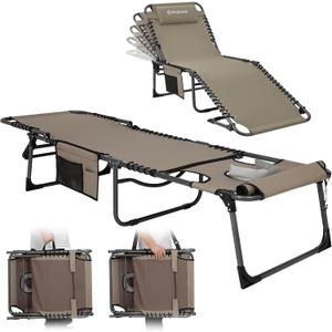 KingCamp Tanning Chair with Face Hole, Lounge Chairs Outdoor Folding Comfy Adjustable 5-Position Lay Flat Foldable Chaise Chaser Lounger for Outside Beach Patio Sun Bathing Pool, Beige
