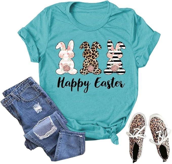 Happy Easter Shirts Women Leopard Bunny Rabbit Graphic T-Shirt Easter Teacher Tee Tops (Large,11)