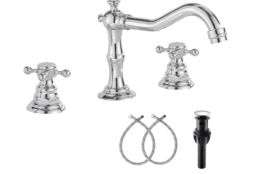 GGStudy 2 Handles 3 Holes Faucet Widespread Bathroom Sink Faucet Chrome Basin Mixer Tap Matching Pop Up Drain with Overflow
