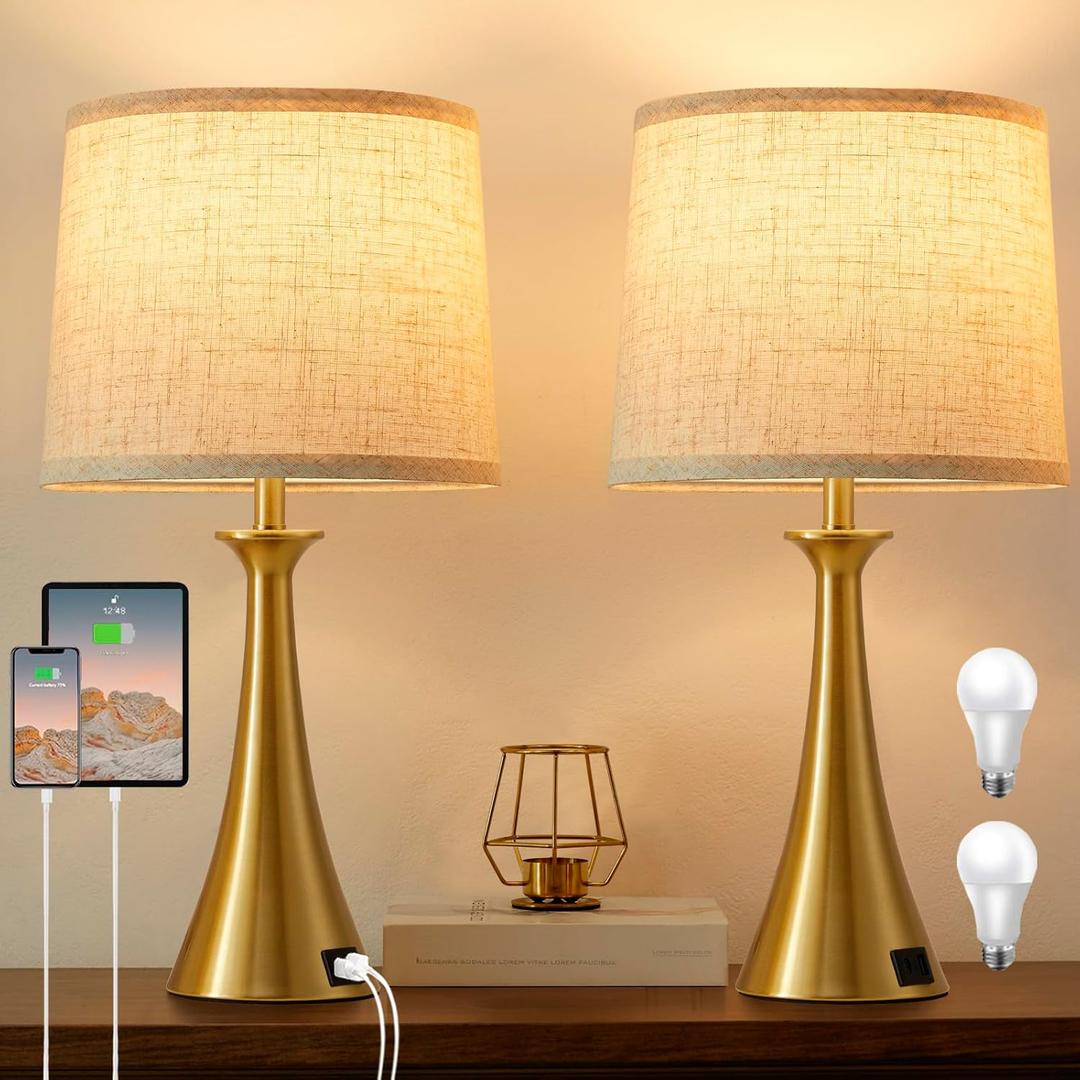 Touch Lamp for Living Room Bedroom, 21" Table Lamps Set of 2 with USB C+A Ports, Touch Bedside Lamps for Nightstand with 3 Way Dimmable, 2 LED Bulbs Included, Gold