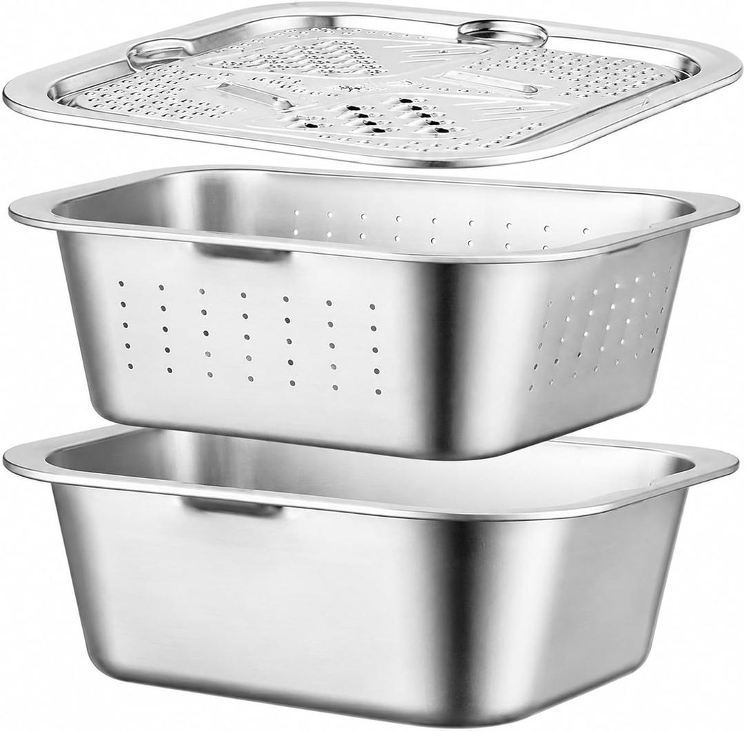 FOLAI 3-Piece Set 304 Stainless Steel Microporous Kitchen Strainer with 5-in-1 Grater for Draining Pasta, Fruit, Rice and Vegetables, Healthy & High Gloss Polish, Dishwasher Safe