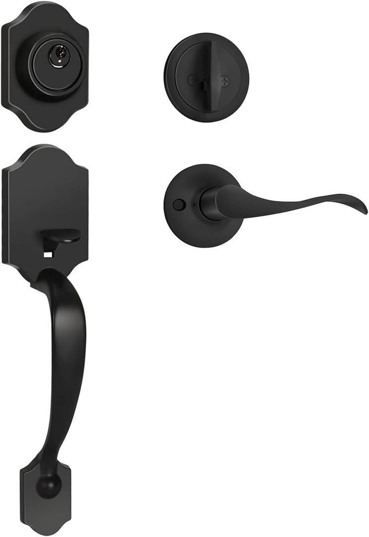 Haidms Matte Black Front Door Handle and Deadbolt Set, Front Door Lock Set, Entry Door Locksets with Deadbolt Single Cylinder, Exterior Door Handle with Reversible Handle Lever