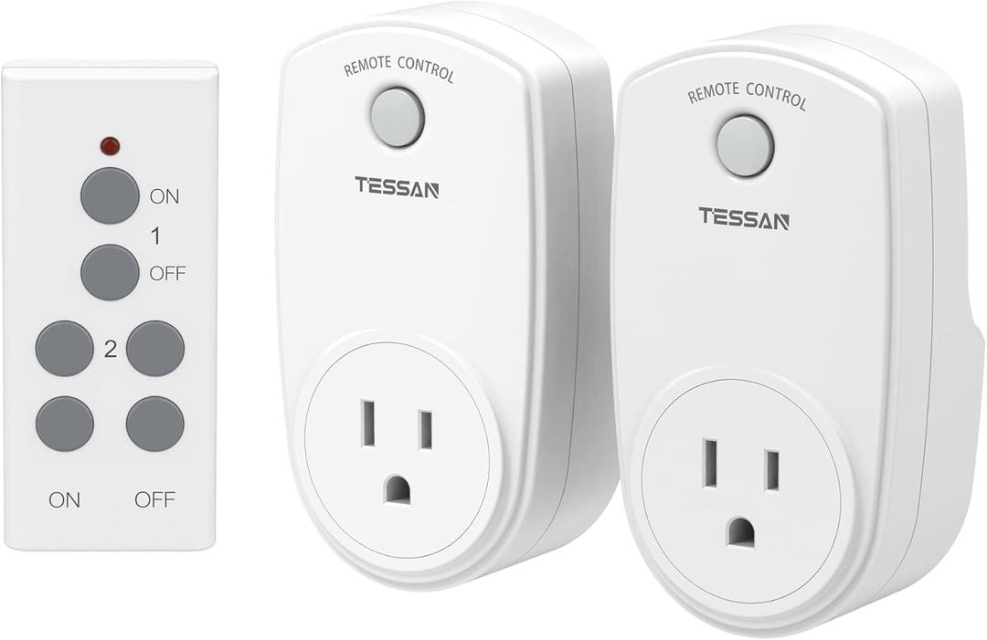 2 Pack Remote Control Outlet, TESSAN Wireless Electrical Plug Switch for Lights, Lamps, Fans, 100ft RF Range, 1200W (1 Remote + 2 Outlet)