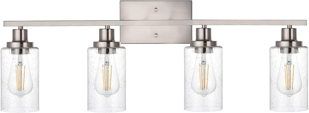 4-Lights Modern Vanity Light Fixtures for Bathroom Over Mirror, Farmhouse 31-Inches Length Seeded Glass Bath Wall Sconce Lighting in Brushed Nickel