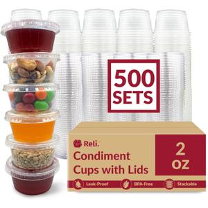 Reli. 2 oz Small Containers with Lids (500 Sets) | Jello Shot Cups with Lids | Clear Plastic Condiment Container | Portion Cups, Sauce, Souffle | Stackable | Bulk