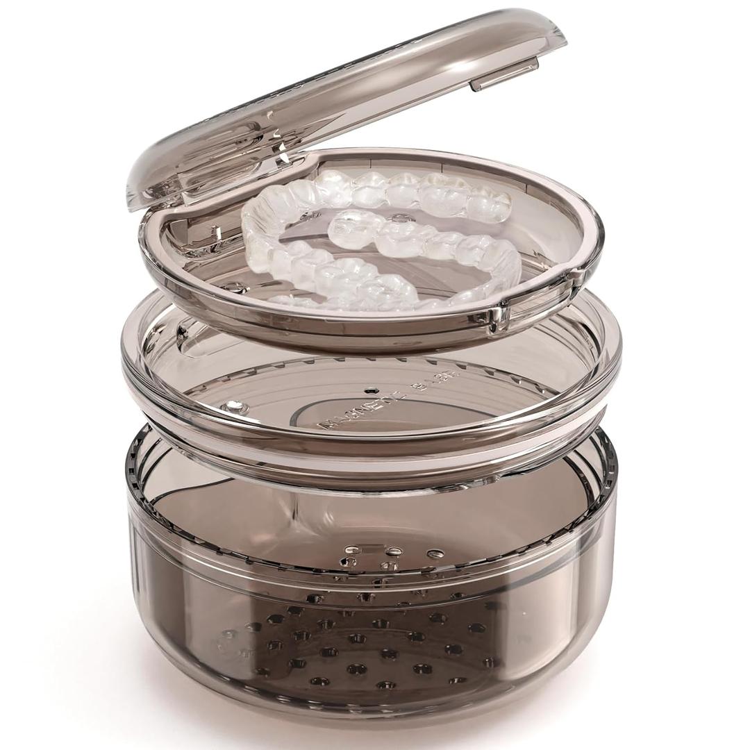 Denture Case Retainer Cleaning Case: 2 in 1 Retainer Case, No-Leak Denture Bath Box Cup, Complete Clean Care for Dentures, Clear Braces, Mouth Guard, Night Guard & Retainers (Grey)