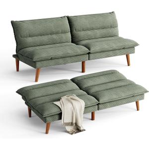 LINSY Futon Sofa Bed: Corduroy Futon Couch with Adjustable Backrest, Comfy Loveseat Convertible Folding Sleeper Sofa Couches for Small Spaces Living Rooms Apartment Office, Green
