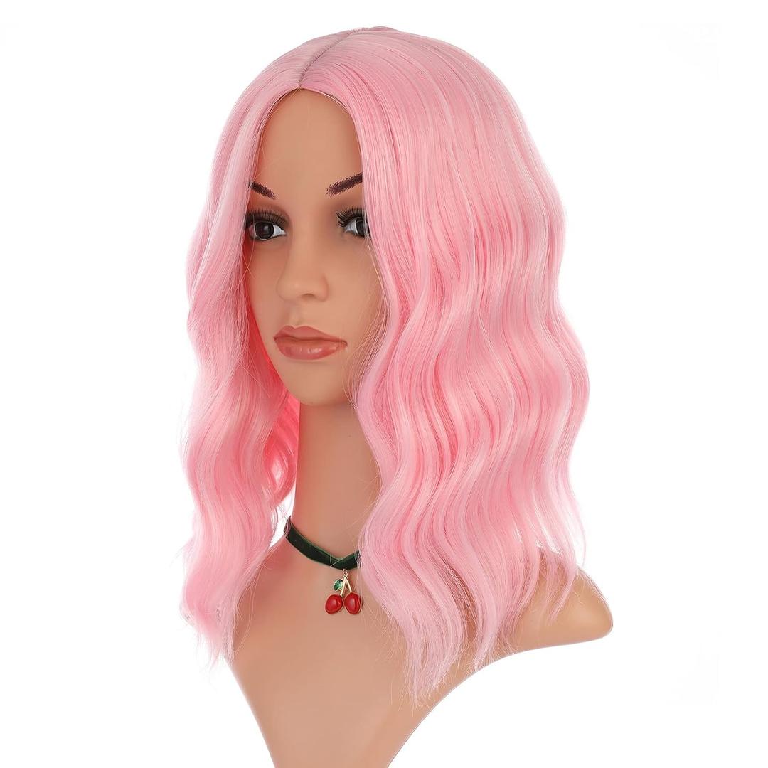 eNilecor Pink Wig,Light Pink Wigs for Women14 Inch Colored Middle Part Bob Wig Short Curly Wavy Synthetic Natural Heat Resistant Cosplay Costume Party Wigs (Light Pink)