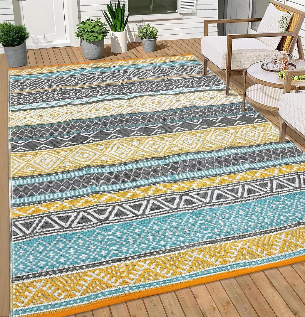 GlowSol Outdoor Rugs 9x18 Waterproof Portable Camping Carpet, Reversible Outdoor Plastic Straw Rug for Patio, RV Mat Bohemian Outdoor Rugs for Porch, Deck, Backyard, Balcony, Picnic,Yellow/Teal