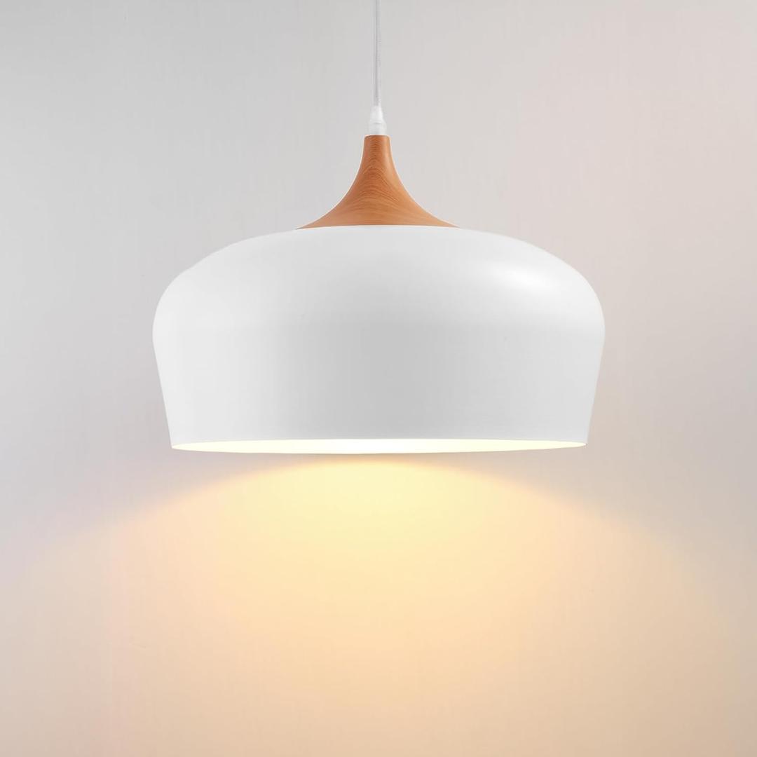 Large 13.8 in Modern Wood Pendant Light Fixtures,Adjustable White Pendant Lighting Fixture,Dome Ceiling Hanging Lights for Kitchen Island, Dining Room