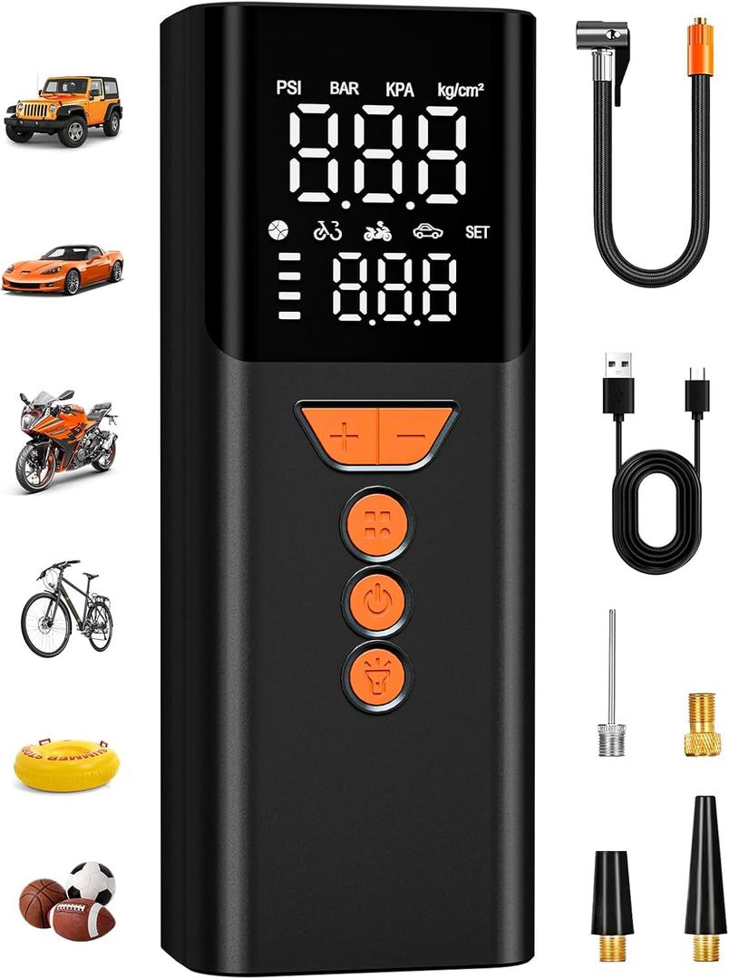 Tire Inflator Portable Air Compressor, 150PSI Cordless Air Pump for Car Tires with Auto Shut-Off, Portable Tire Pump for Car, Bike, Motorcycle and Balls