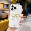 Designed for iPhone 15 Pro Max Cases with Camera Lens Protection, Cute 3D Metal Bow Phone Cover Clear Soft Protective Case for iPhone 15 Pro Max Case (Golden)