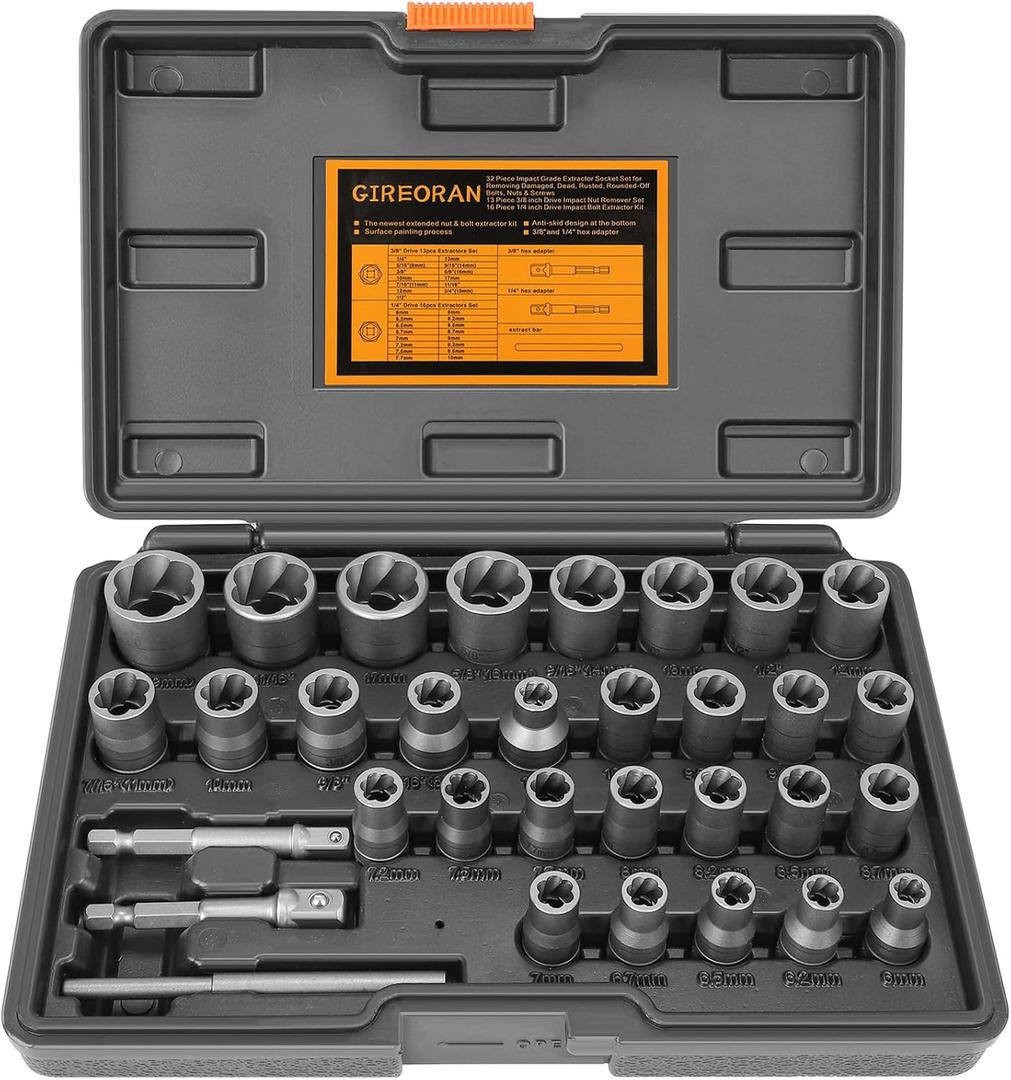 Upgrade Bolt Extractor Kit, 32 Piece Stripped Bolt Extractor Socket Set, Rounded Bolt Remover, Lug Nut Remover with  Inch and  Inch Adapter for Removing Damaged Frozen Rusted Rounded-Off Bolts Nuts