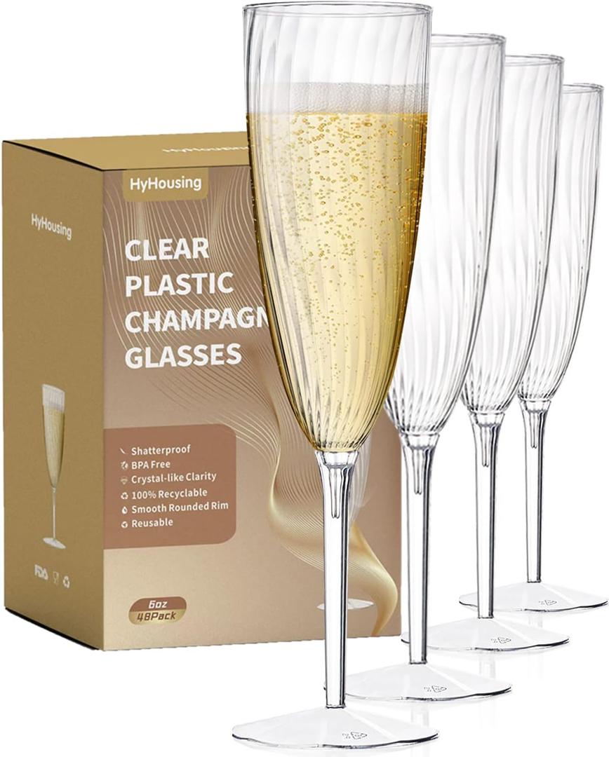 4 Plastic Champagne Flutes, Clear Disposable Plastic Champagne Glasses Reusable Wine Cocktail Cups for Home Daily Life Party Wedding Toasting Drinking Birthday,New Years Eve Party Supplies 2025 (6 OZ 48 Count)