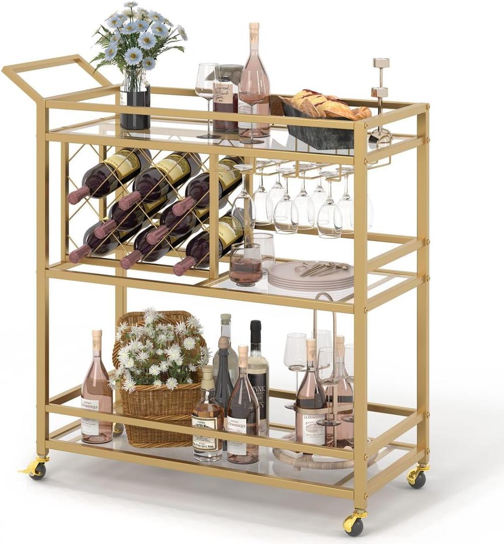 FATORRI Bar Cart Gold, Home Bar Serving Cart with Wine Rack and Glasses Holder, Wine Carts on Wheels with 3 Tier Mirrored Shelves for Liquor and Beverage (Gold), 13.98 D x 35.47 W x 36.30 H