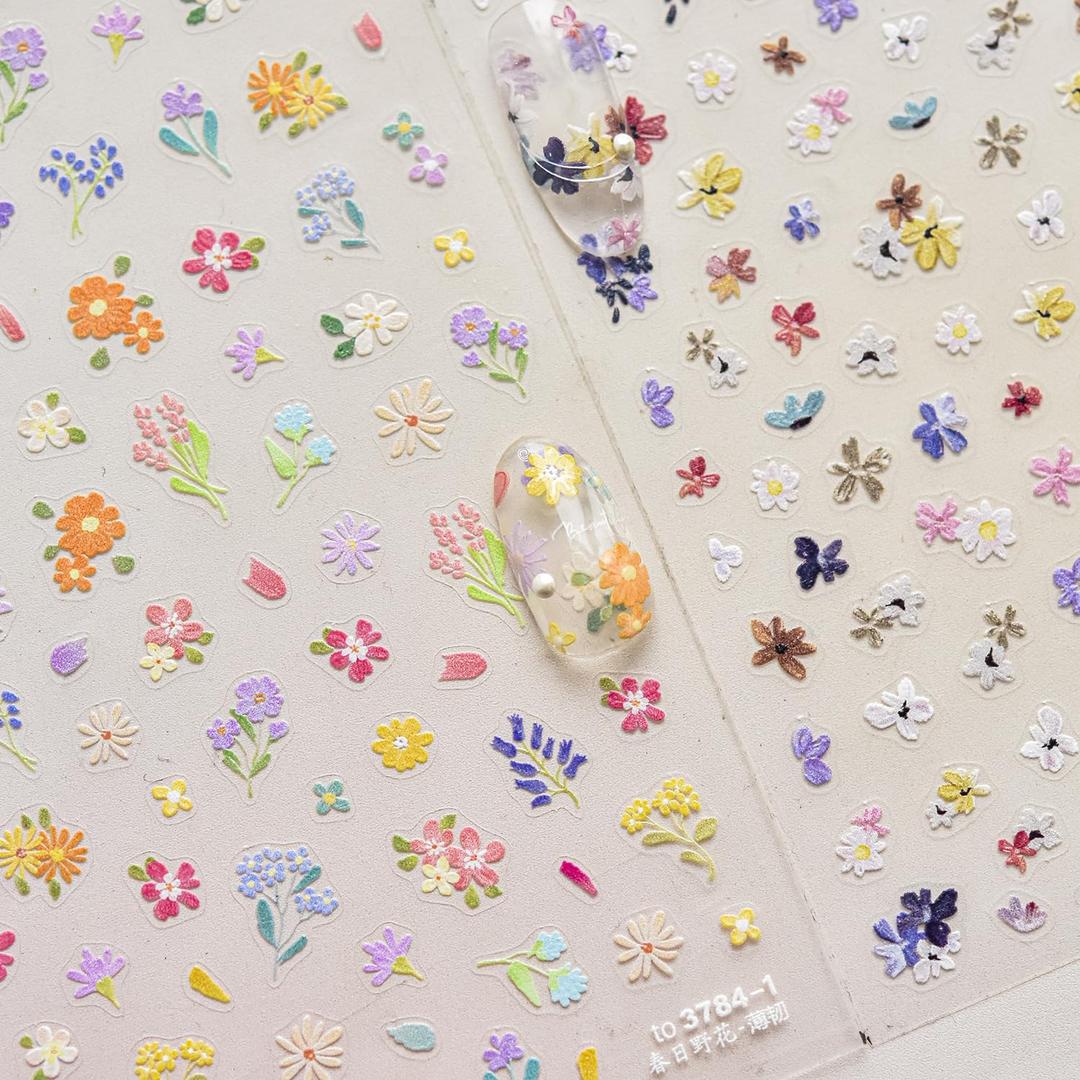 1 Sheet Flower Nail Stickers for Nail Art Colorful Flower Nail Stickers Spring Floral Plant 3D Self-Adhesive Nail Decals Supplies Manicure Floral Decal for Women Nails Art Decoration