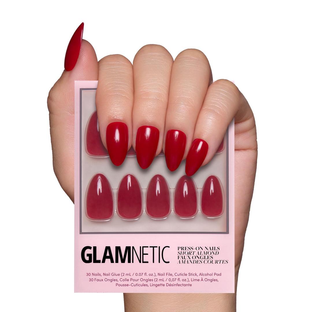 Glamnetic Press On Nails - Classic Red | Opaque Cool Tone, Timeless Red Short Almond Fake Nails, Salon Quality | 15 Sizes - 30 Nail Kit with Glue