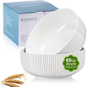 KMIGRUAN 60oz Salad Bowl Set,2 Pack Serving Bowls for Entertaining,8inch Large White Ceramic Bowl for Side Dishes,Soup, Pho, Cereal, Pasta, Fruit, Microwave and Dishwasher Safe