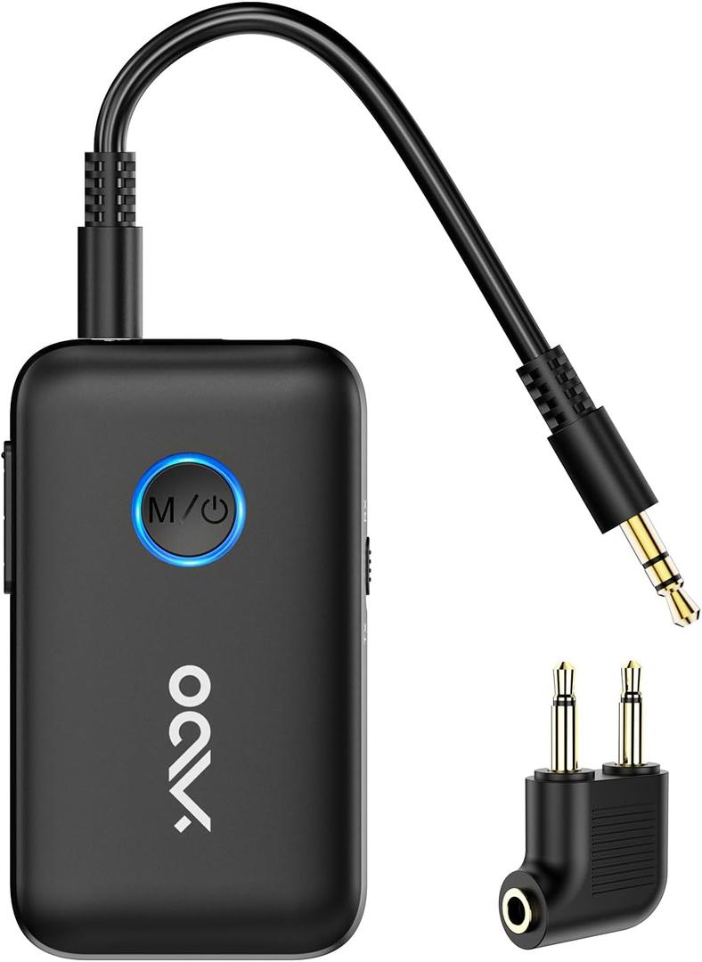 YMOO Bluetooth 5.3 Transmitter Receiver for TV/Airplane, Supports 2 Headphones/Speaker with aptX Adaptive & Low Latency, 3.5mm Jack Aux HiFi Stereo Wireless Audio Adapter for Flight, Travel, Planes (Black)