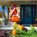 Fall Cardinal Bird Pumpkin House Flag 28x40 Double Sided Large Stained Glass Burlap Yard Flag Maple Leaves Welcome Autumn Thanksgiving Holiday Outside Decorations