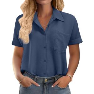 IN'VOLAND Womens Plus Size Shirts Short Sleeve Button Down Shirts V Neck Casual Blouses Tops (22 Plus, Navy)