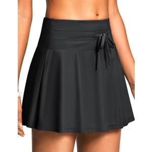 Women's High Waisted 15'' Swim Skirts Tummy Control Bathing Suit Skirt Bottoms Swimsuit with Liner Pockets (Black, XL)