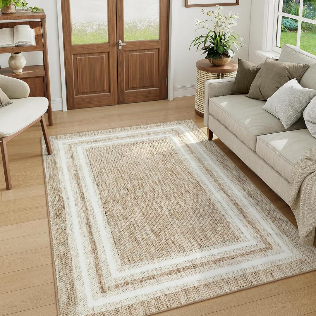 OJIA Modern Bordered 5x7 Area Rugs, Washable Rugs for Living Room Printed Non Slip Bedroom Rug Rubber Backed Non-Shedding Floor Carpet Accent Rug for Dining Room Indoor Kids Playroom Office (Beige)