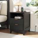 Fluted Nightstand with Charging Station, Modern Night Stand with 2 Slide Drawers and 1 Open Shelf, Black End Table with Metal Handles, Bedside Table for Bedroom, 17.7 x 17.7 x 23.6in