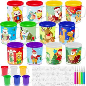 Cinrobiye 12 Set Operation Christmas Bulk Christmas Coloring Cup Color Your Own Mug 8oz Personalized Mugs with Handle Xmas DIY Cups for Home School Activities Holiday Party Favors Supplies Gifts