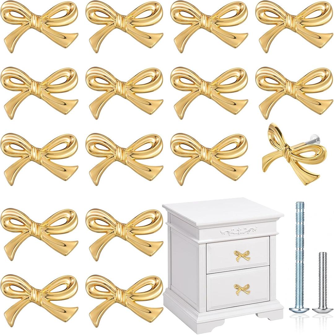 MorningRo 16 Pcs Gold Bow Drawer Knobs Brass Bow Knobs for Dresser Decorative Brass Drawer Pulls Vintage Cabinet Handles for Home Bedroom Kitchen Cabinets Hardware Cupboard (Large Size)