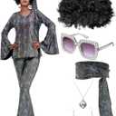 Jexine 70s Women Disco Outfit Costume Disco Party Top Pants Sunglasses Ball Necklace Earring Wig for Halloween New Year Eve (Medium, Black Laser)