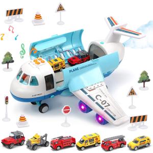CUTE STONE Toy Airplane with Smoke, Lights & Sounds, Friction Powered Plane Toy with Mini Cars for Kids, Great Christ Gift for Boys and Girls