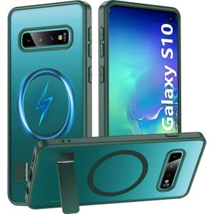 for Samsung Galaxy S10 Case with Stand,Magnetic Galaxy S10 Case Translucent Matte Military Grade Adjustable Kickstand Shockproof Protective Bumper Phone Case for Samsung S10,Green