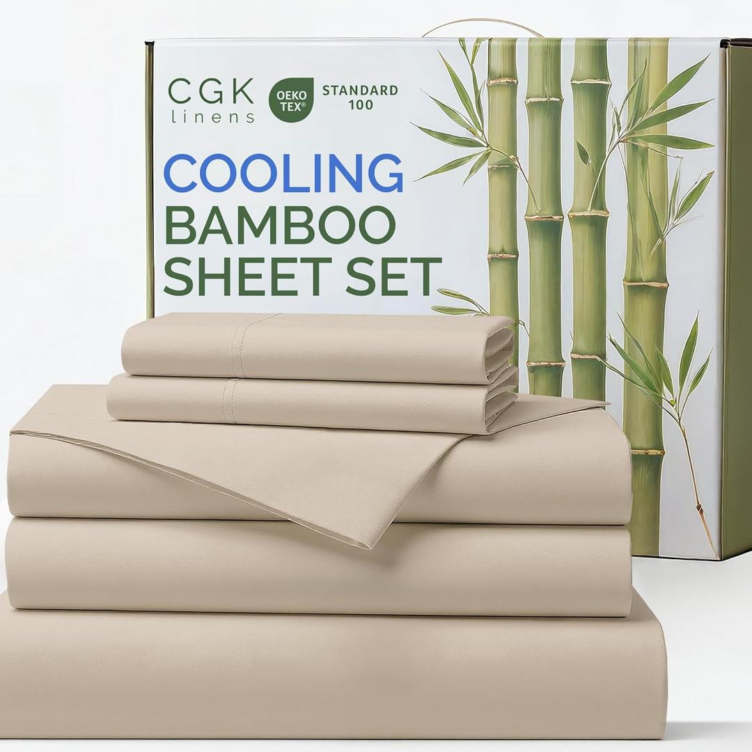 Bamboo Sheets Split King Size - Cooling Sheets for Split King - 100% Rayon Derived from Bamboo - Soft Breathable Hotel Luxury Bedding - 1 Flat, 1 Fitted & 2 Pillowcases w/ 16 Inch Deep Pockets - Wheat