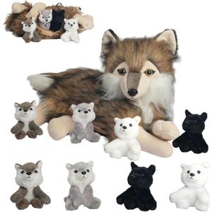 5 Pcs Wolf Stuffed Animal Plush Set 16 Inch Mommy Large Stuffed Wolf Plush with 4 Babies Wolves, Realistic Plush Wolf Toys Soft Plushies for Kids Boys Girls Birthday Valentines Gifts
