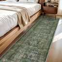 Washable Runner Rug 2x8 Feet Non Slip Low-Pile Entryway Runner, Distressed Ultra-Thin Indoor Carpet Bedside Rug, Green