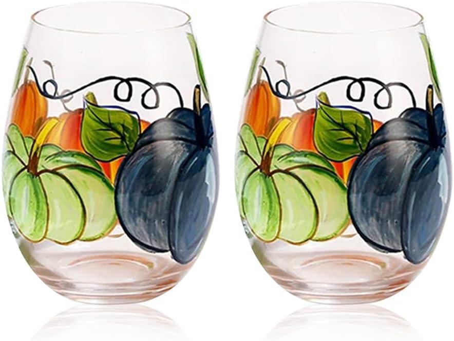 Yuthsona 2PCS Hand Painted Pumpkin Goblets Thanksgiving Wine Glass Fall Autumn Table Decor With Stem for Hostess Perfect Gifts (Pumpkin-A-Stemless)