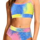 Girls Swimsuit Two Piece Scoop Neck Solid Color Bikini Set Adjustable Strap High Waist Bathing Suit for Girls 9-16Y