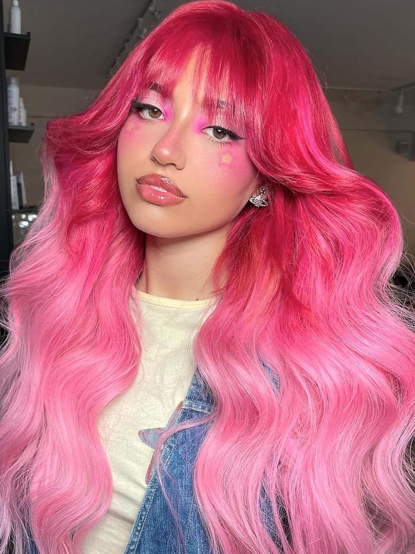 FANCEE Pink Wig with Bangs Long Curly Wavy Wig with Blunt Bangs for Women 26 Inch Synthetic Ombre Hot Pink and Pastel Pink Loose Wave Wigs for Cosplay Halloween Party Daily Use Ghost Roots