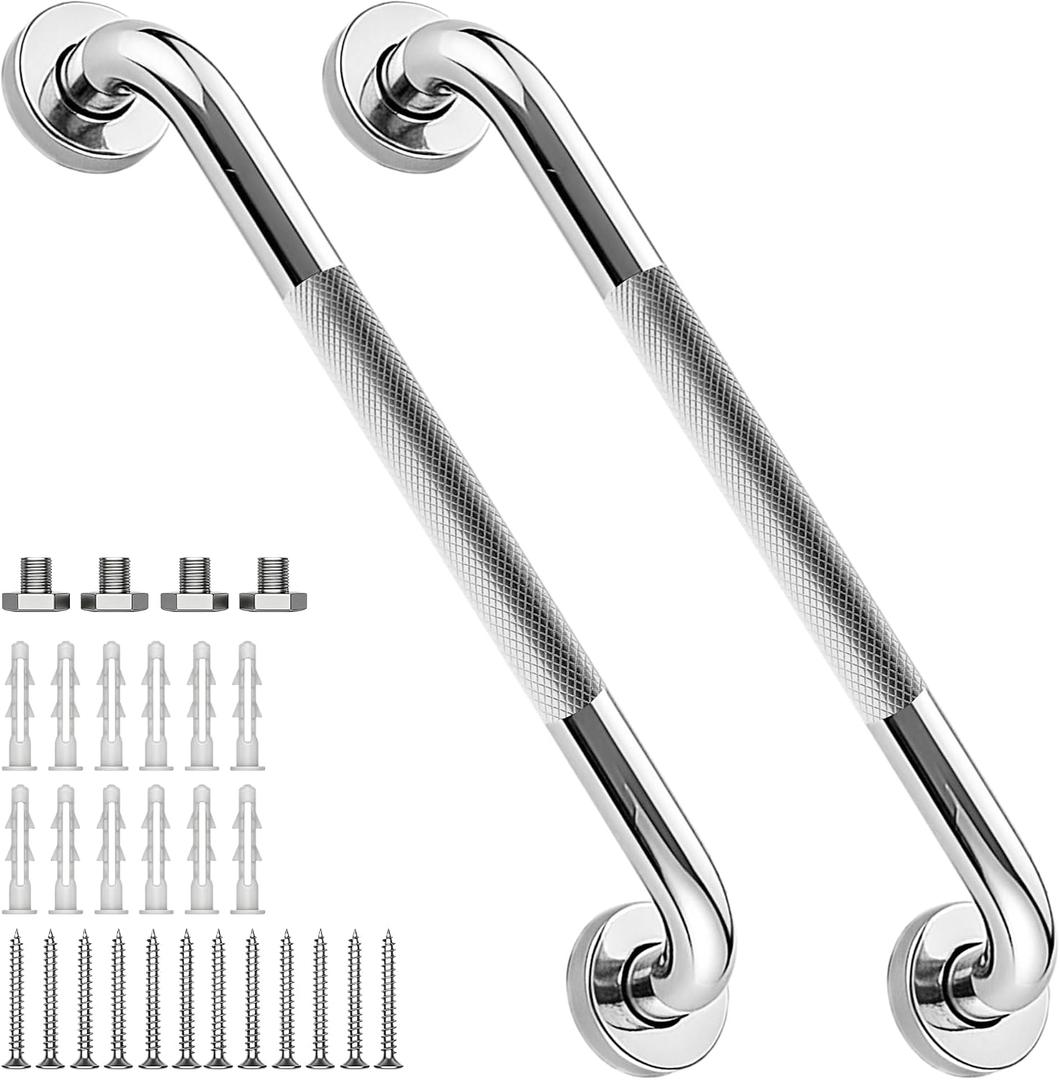 16 Inch Shower Grab Bar 1.25" Dia, 2 Pack Chrome Anti Slip Bathroom Grab Bar, 304 Stainless Steel Knurled Handicap Grab Bars, Safety Support Handrail,Bath Shower Handle for Elderly Injury Senior