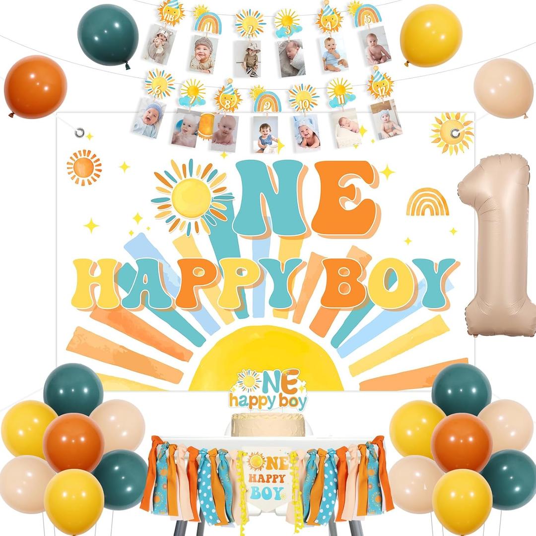 Cheereveal Boho Sun 1st Birthday Decorations Blue and Orange, One Happy Boy Backdrop Banner, Sunshine Photo Banner Cake Topper, Sun Rainbow Themed First Birthday Baby Shower Party Supplies for Boy
