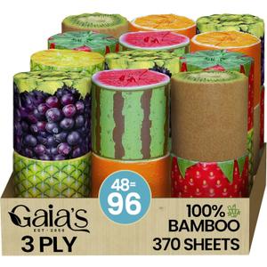 Gaias Premium and Soft Fruit TP Organic Bamboo Toilet Paper | 48 Mega Rolls, 3 Ply, 370 Sheets | FSC Certified, PFAS & BPA Free, Eco-Friendly, Sustainable Tissue - Plastic Free, Septic Safe, Vegan
